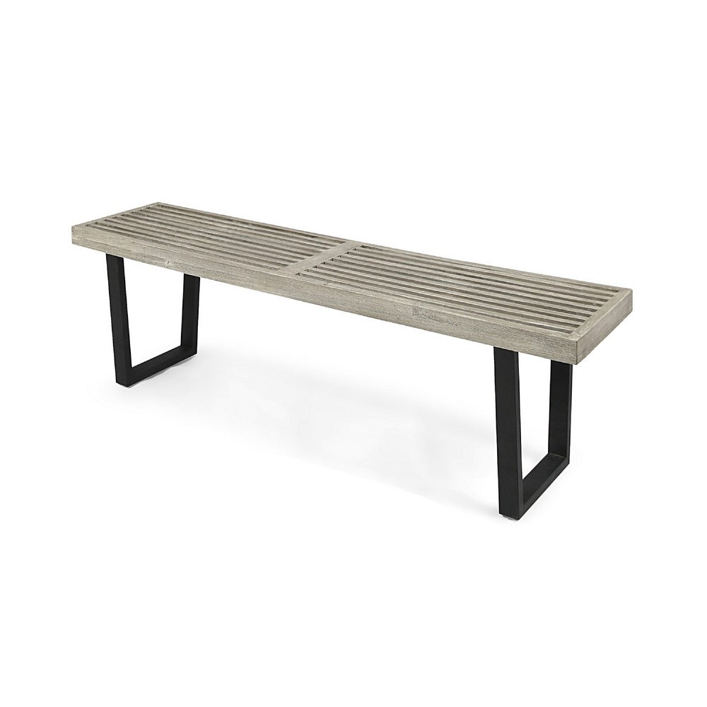 Benjara Cior Outdoor Dining Bench, 62 Inch Slatted Gray Acacia Wood, Sled Base