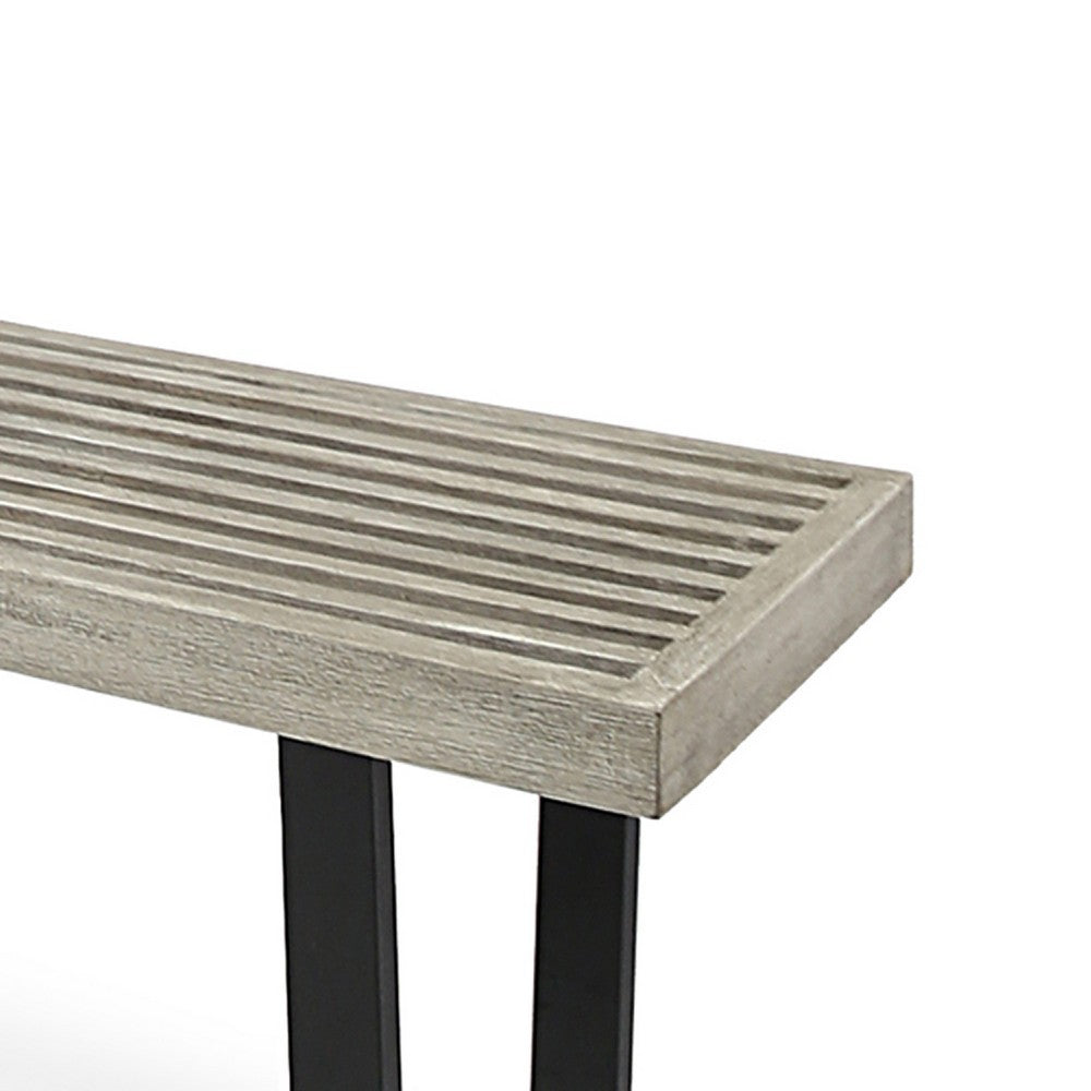 Benjara Cior Outdoor Dining Bench, 62 Inch Slatted Gray Acacia Wood, Sled Base