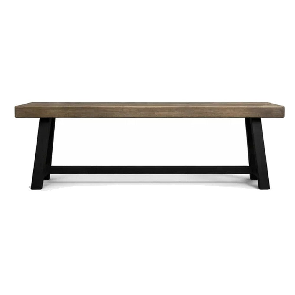 Benjara Outdoor Bench, 63 Inch Sandblasted Gray Wood Seat, Black Metal Legs