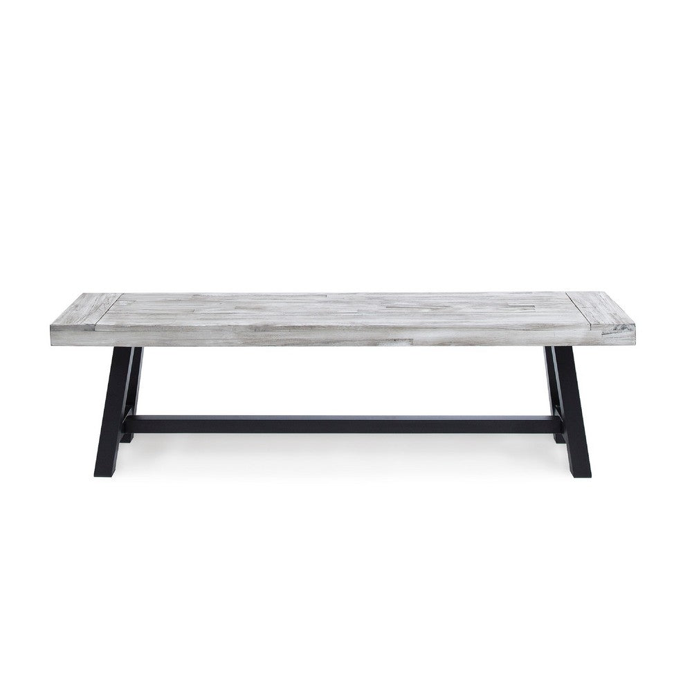 Benjara Outdoor Dining Bench, 63 Inch Sandblasted Gray Slatted Seat, Black Legs