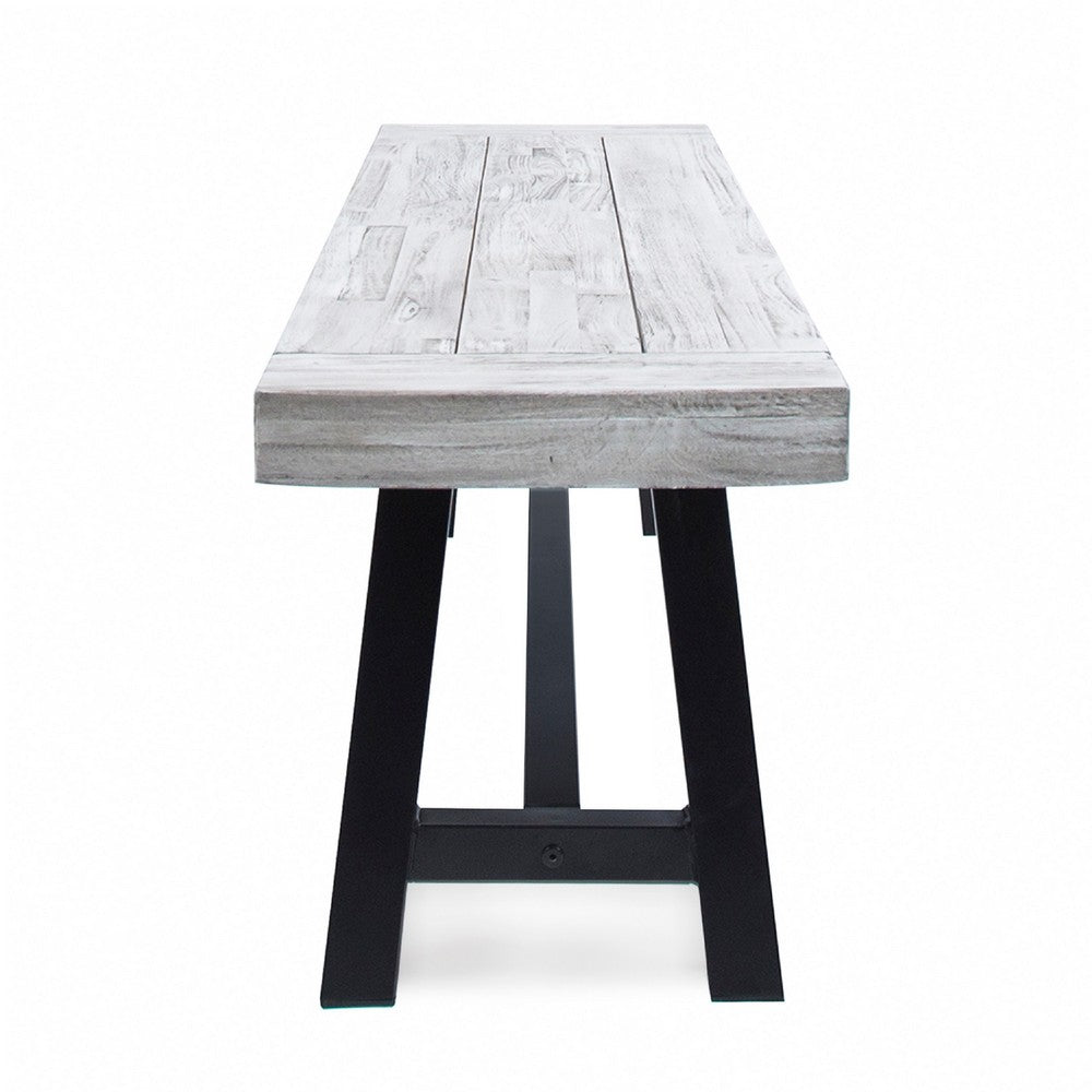 Benjara Outdoor Dining Bench, 63 Inch Sandblasted Gray Slatted Seat, Black Legs