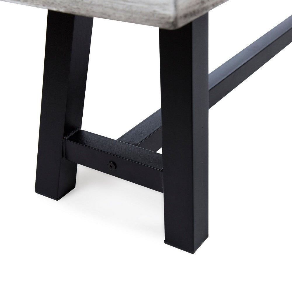 Benjara Outdoor Dining Bench, 63 Inch Sandblasted Gray Slatted Seat, Black Legs