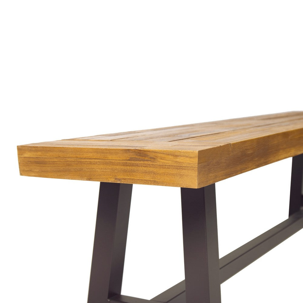 Benjara Outdoor Dining Bench, 63 Inch Acacia Wood Seat with Black Metal Legs