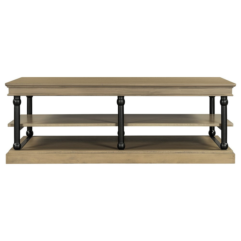 Benjara Bard Coffee Table, 55 Inch Brown Veneer, 2 Tier Shelves, Black Metal Legs