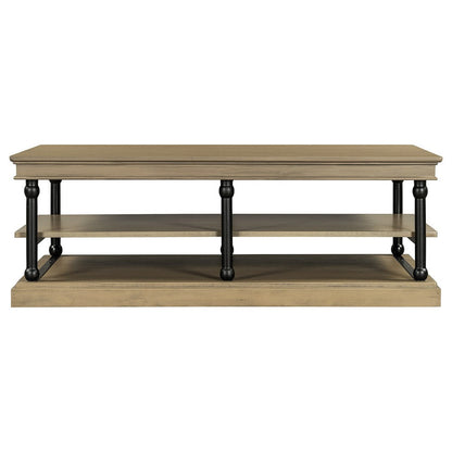 Benjara Bard Coffee Table, 55 Inch Brown Veneer, 2 Tier Shelves, Black Metal Legs