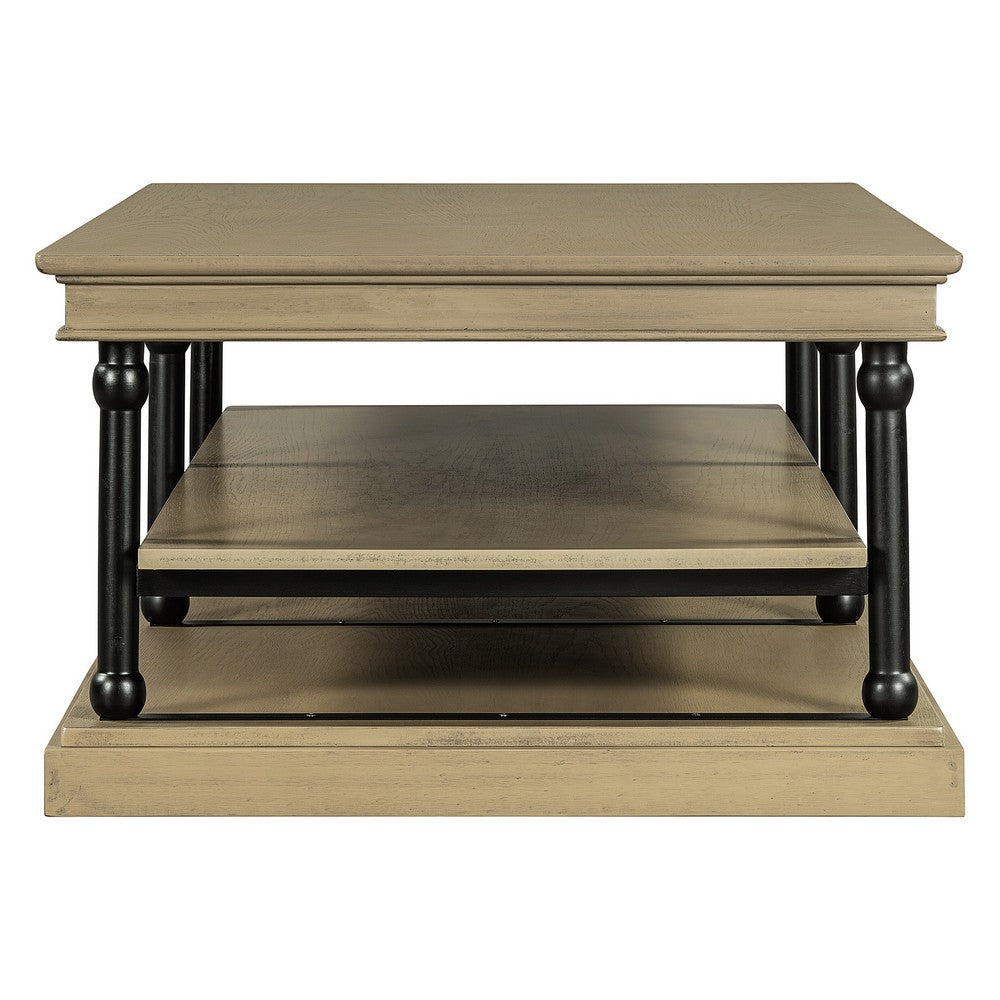 Benjara Bard Coffee Table, 55 Inch Brown Veneer, 2 Tier Shelves, Black Metal Legs