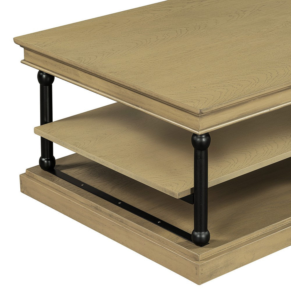 Benjara Bard Coffee Table, 55 Inch Brown Veneer, 2 Tier Shelves, Black Metal Legs