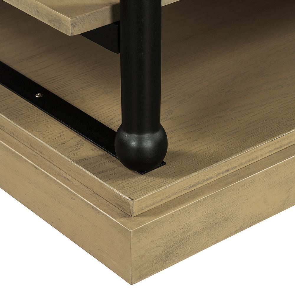 Benjara Bard Coffee Table, 55 Inch Brown Veneer, 2 Tier Shelves, Black Metal Legs