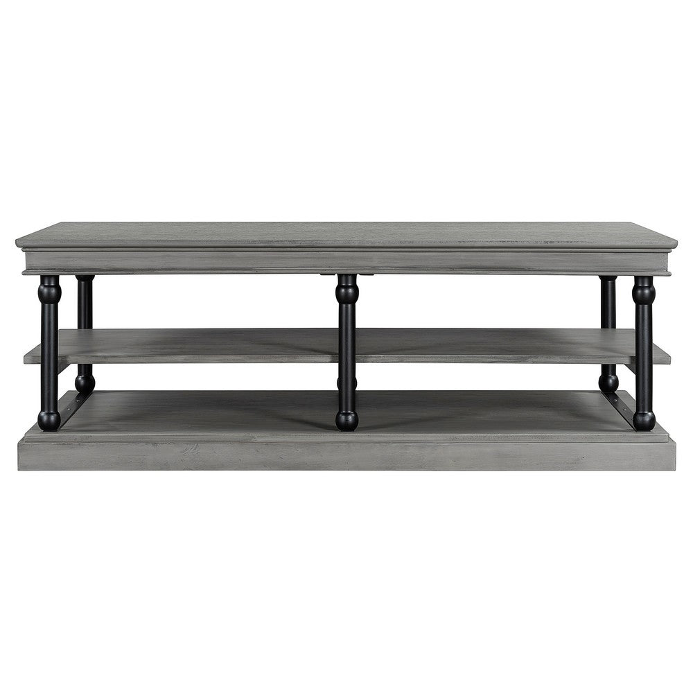 Benjara Bard Coffee Table, 55 Inch Gray Veneer, 2 Tier Shelves, Black Metal Legs