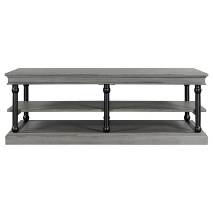 Benjara Bard Coffee Table, 55 Inch Gray Veneer, 2 Tier Shelves, Black Metal Legs