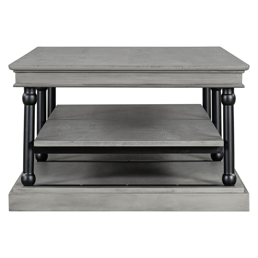 Benjara Bard Coffee Table, 55 Inch Gray Veneer, 2 Tier Shelves, Black Metal Legs