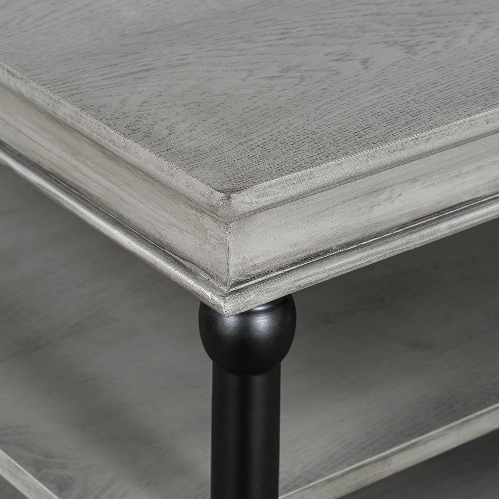 Benjara Bard Coffee Table, 55 Inch Gray Veneer, 2 Tier Shelves, Black Metal Legs