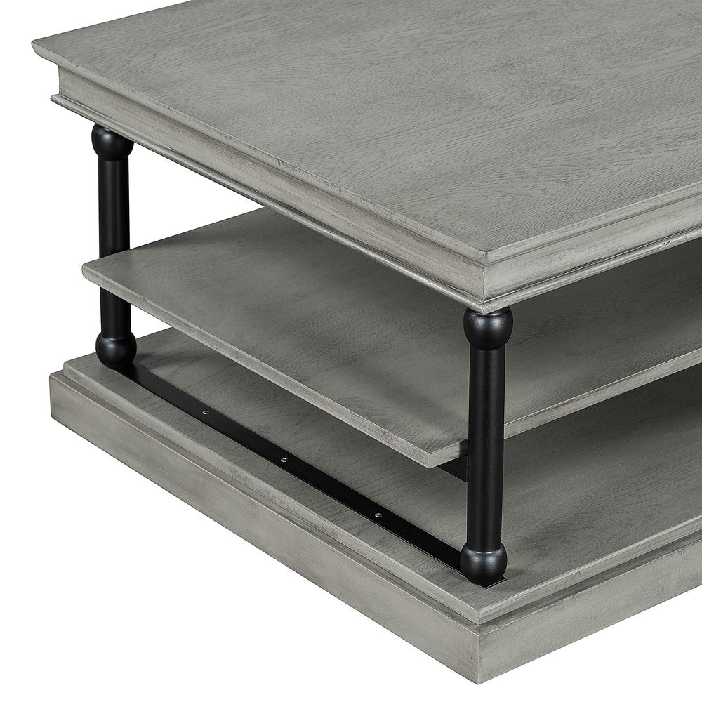 Benjara Bard Coffee Table, 55 Inch Gray Veneer, 2 Tier Shelves, Black Metal Legs