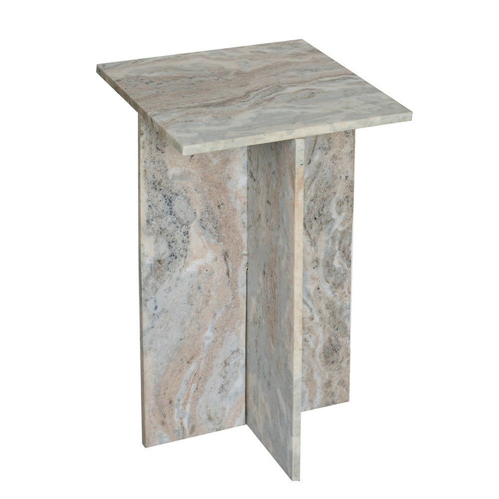 Benjara Levi Side End Table, 15 Inch Square Top, Geometric Gray Marble Base