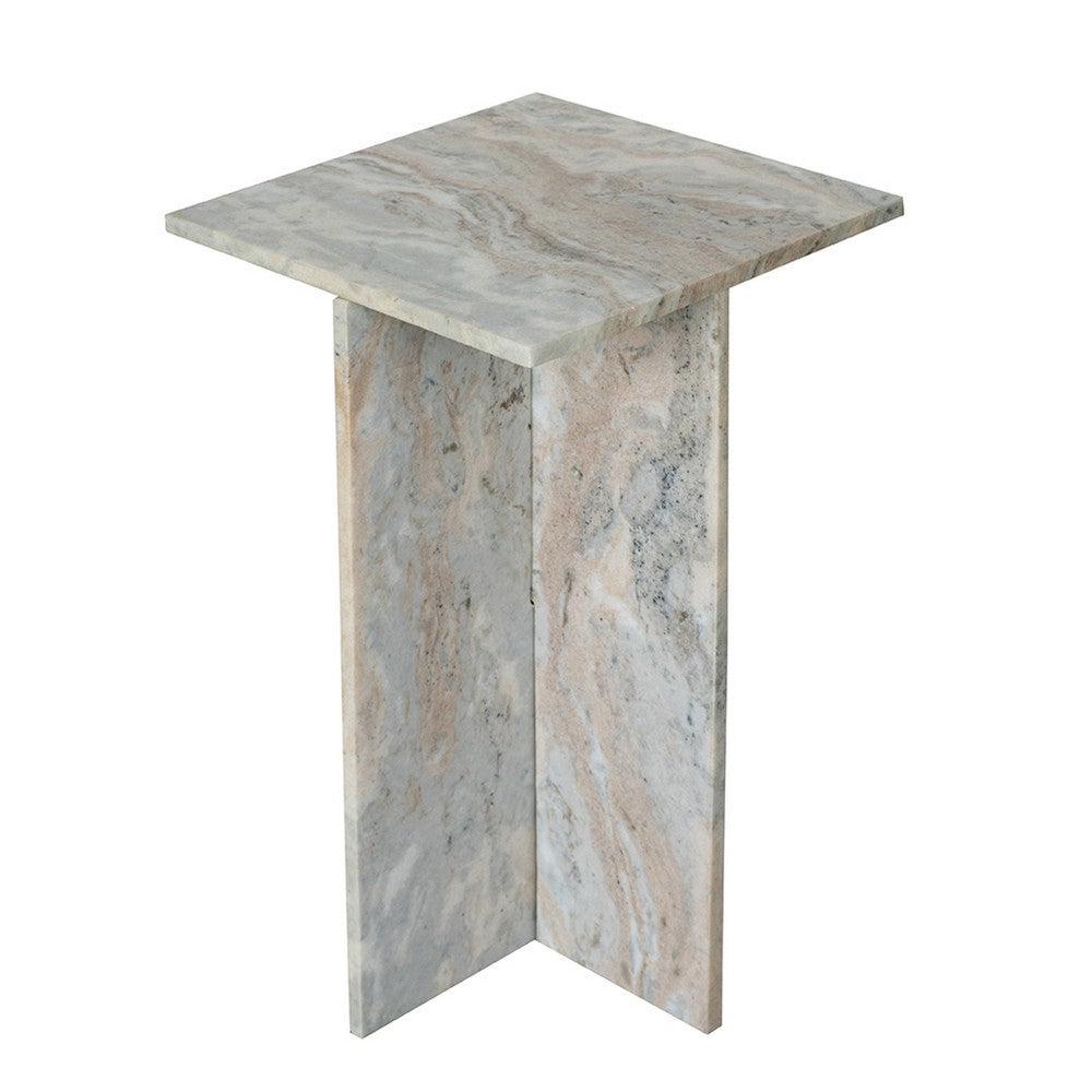 Benjara Levi Side End Table, 15 Inch Square Top, Geometric Gray Marble Base