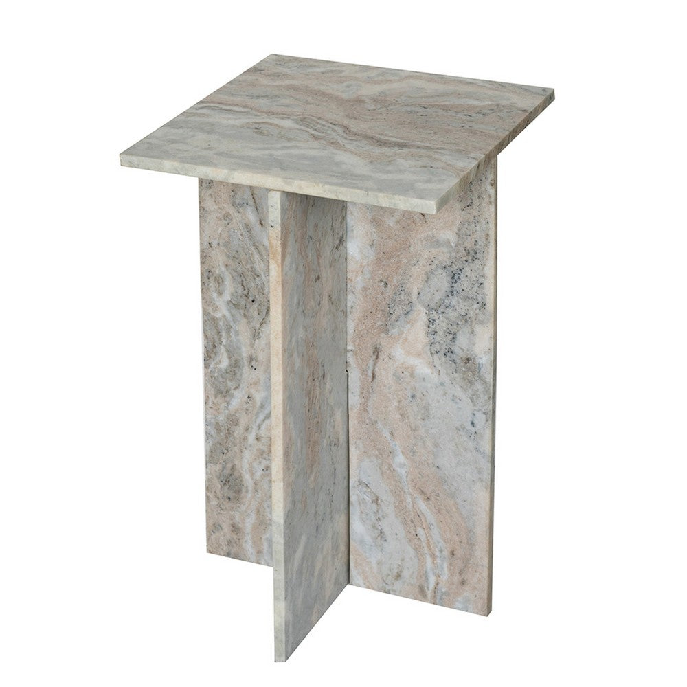 Benjara Levi Side End Table, 15 Inch Square Top, Geometric Gray Marble Base