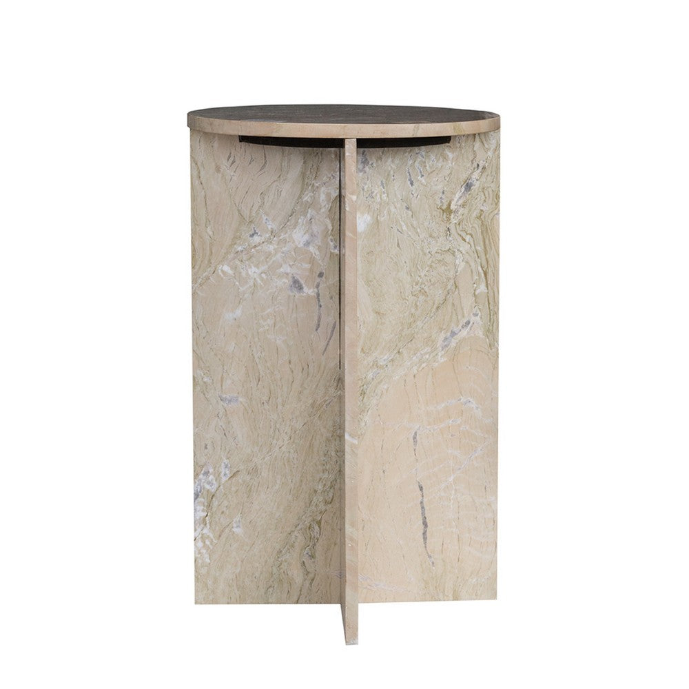 Benjara Levi Side End Table, 15 Inch Round Top, Geometric Gray Marble Base