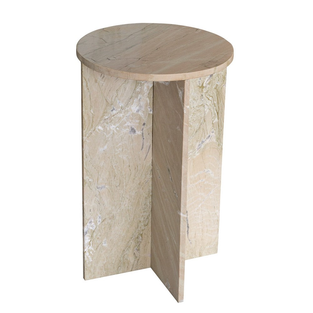Benjara Levi Side End Table, 15 Inch Round Top, Geometric Gray Marble Base