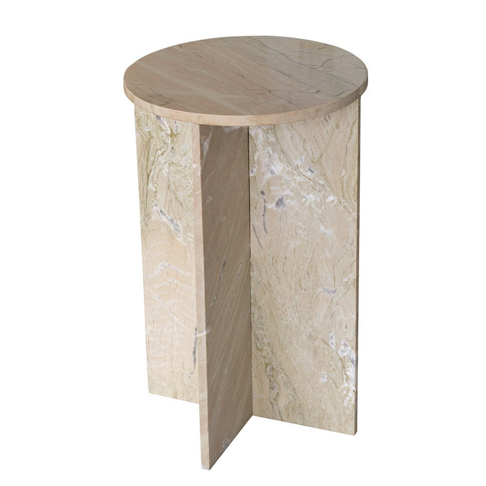 Benjara Levi Side End Table, 15 Inch Round Top, Geometric Gray Marble Base