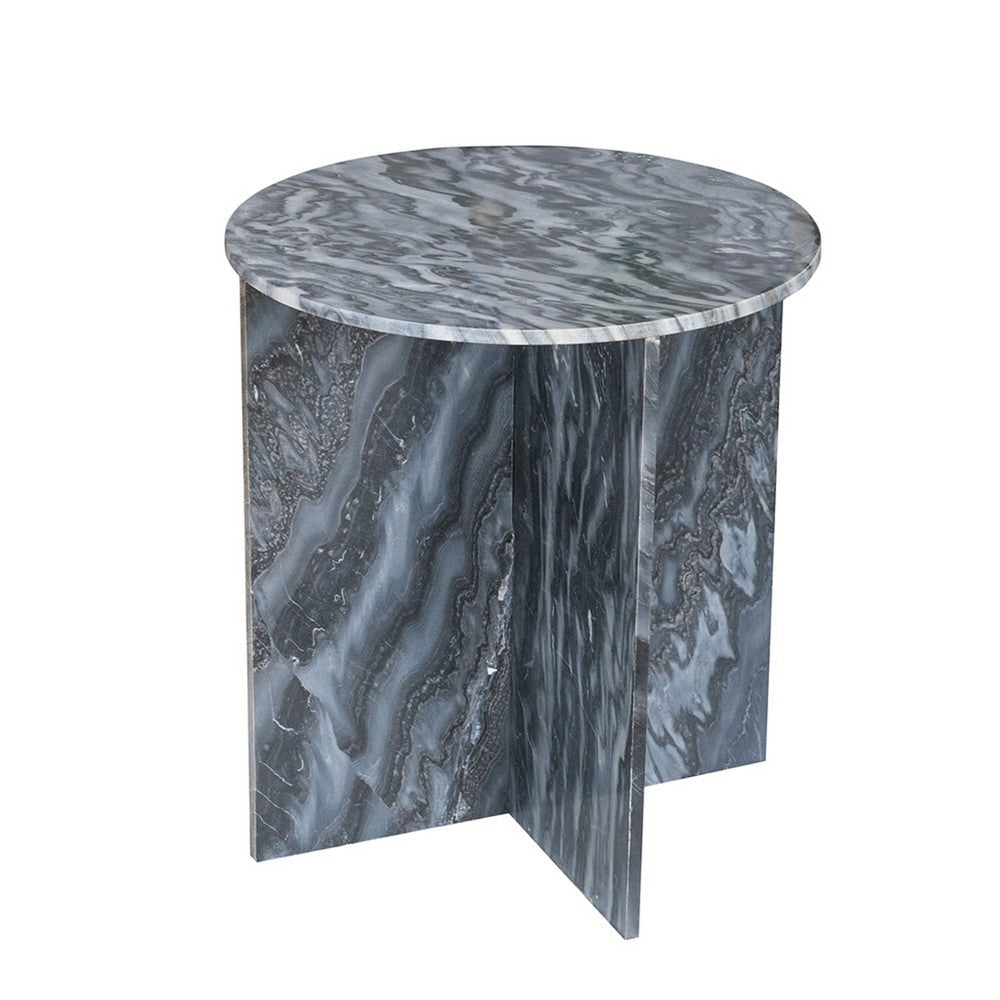 Benjara Levi Side End Table, 20 Inch Round Top, Geometric Black Marble Base