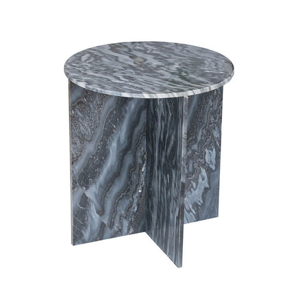 Benjara Levi Side End Table, 20 Inch Round Top, Geometric Black Marble Base