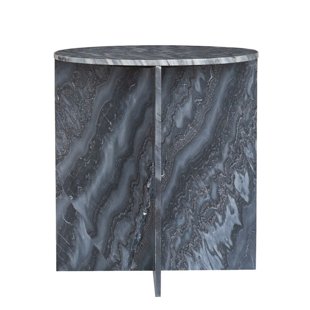 Benjara Levi Side End Table, 20 Inch Round Top, Geometric Black Marble Base