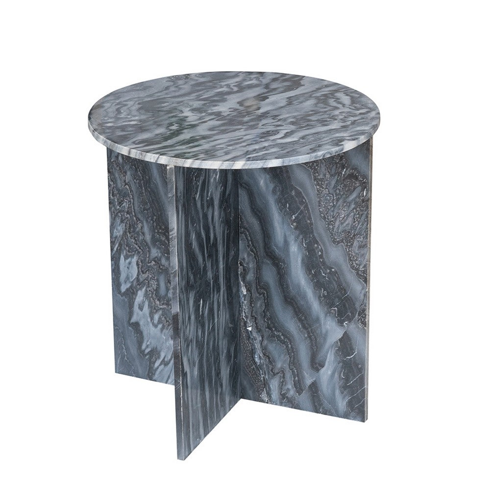 Benjara Levi Side End Table, 20 Inch Round Top, Geometric Black Marble Base