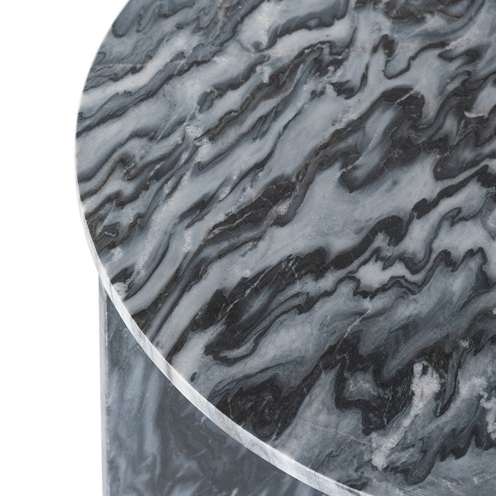 Benjara Levi Side End Table, 20 Inch Round Top, Geometric Black Marble Base