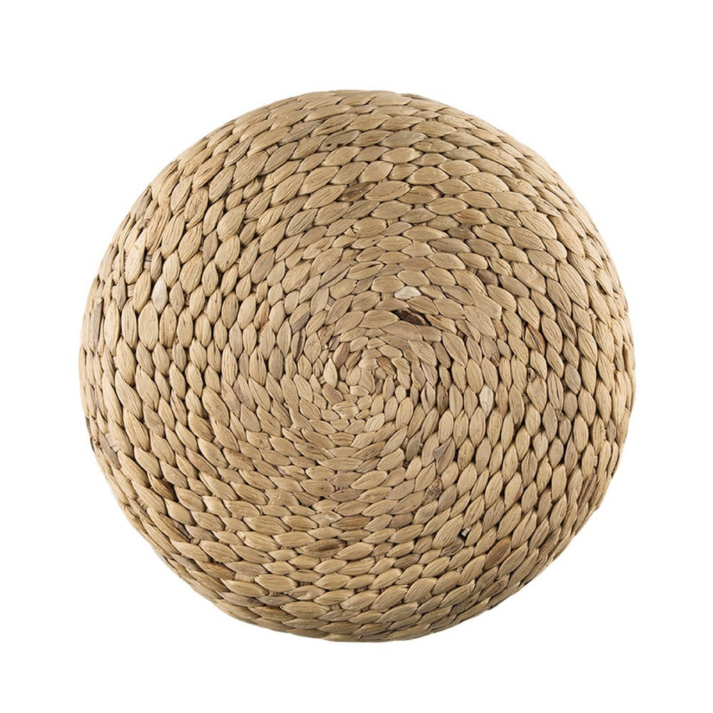 Benjara Vin Accent Ottoman, 15 Inch Round, Natural Water Hyacinth Woven Rope