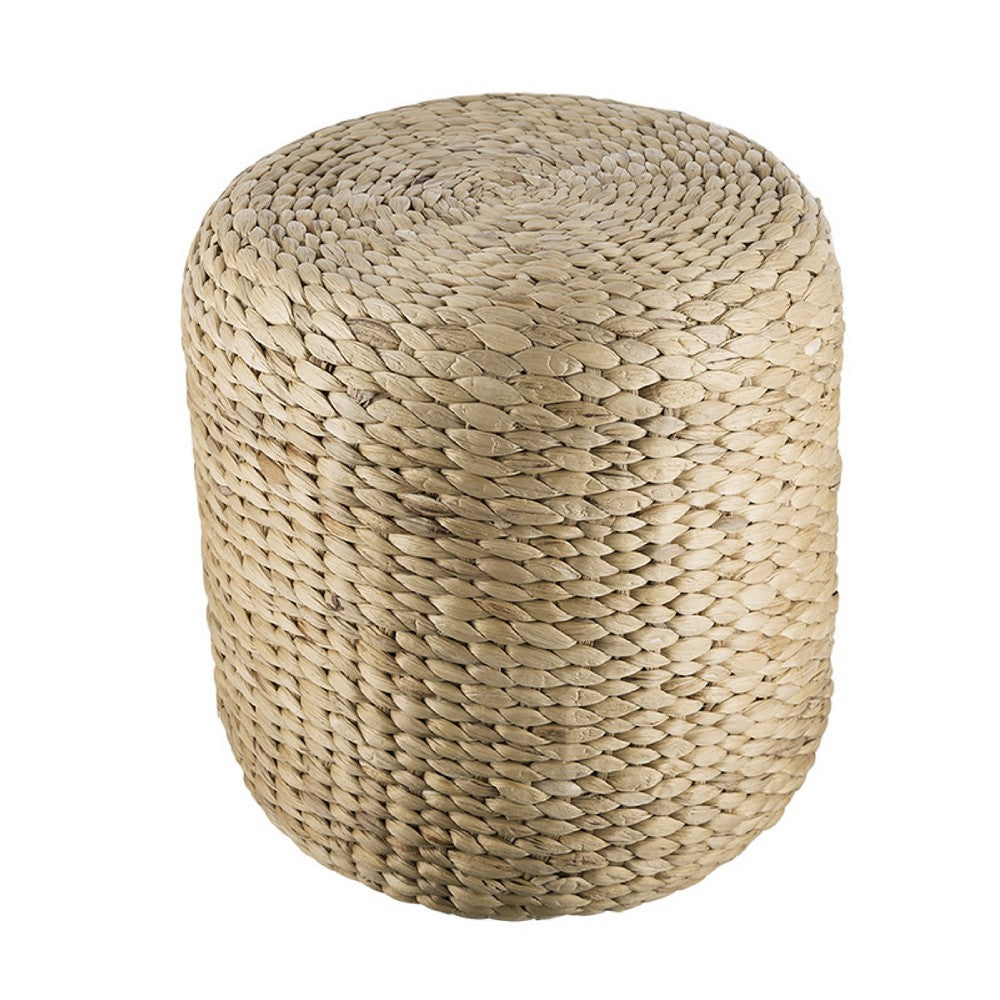 Benjara Vin Accent Ottoman, 15 Inch Round, Natural Water Hyacinth Woven Rope