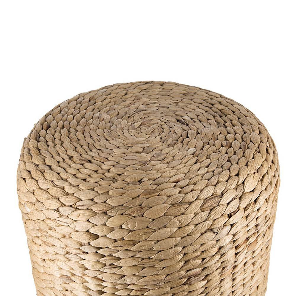 Benjara Vin Accent Ottoman, 15 Inch Round, Natural Water Hyacinth Woven Rope