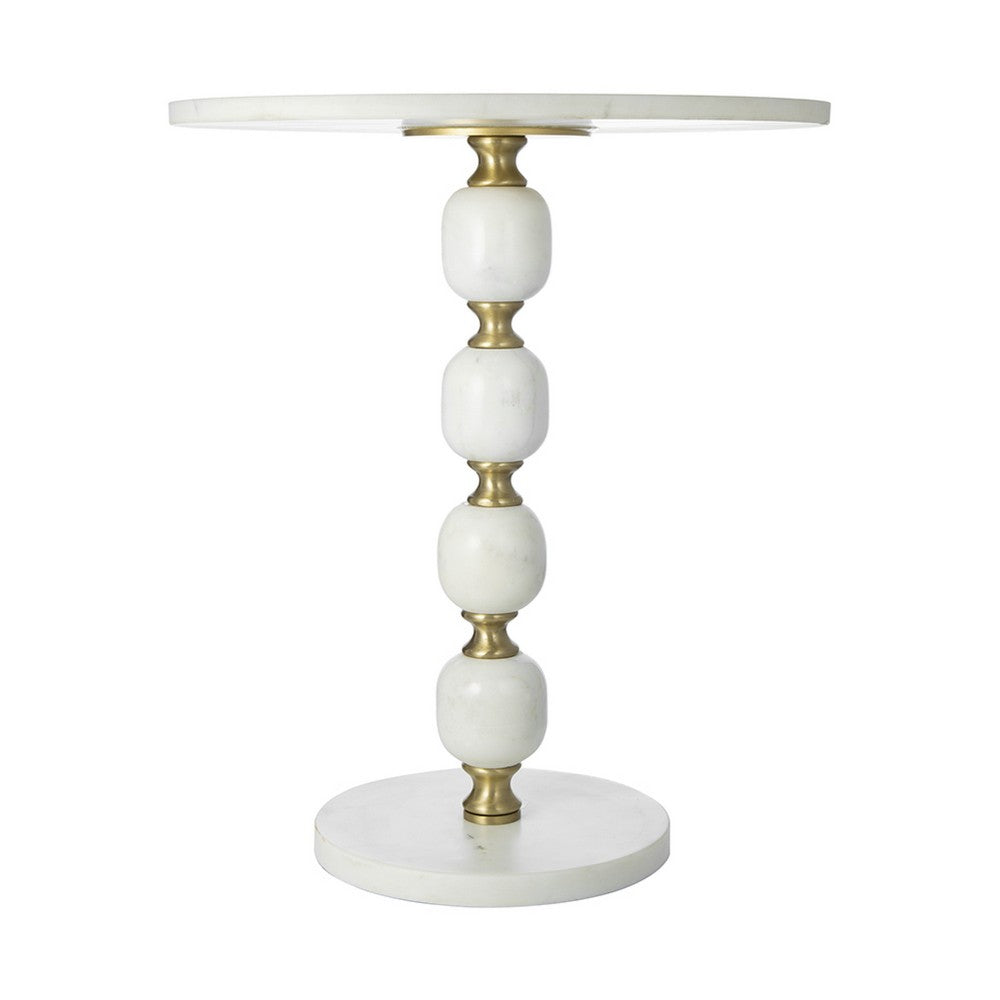 Benjara Siny Side End Table, 15 Inch Round Top, White, Gold Stacked Balls Base
