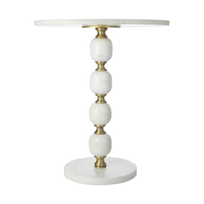 Benjara Siny Side End Table, 15 Inch Round Top, White, Gold Stacked Balls Base