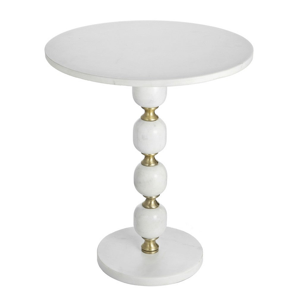 Benjara Siny Side End Table, 15 Inch Round Top, White, Gold Stacked Balls Base