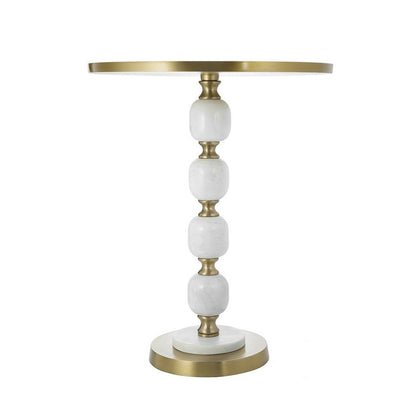 Benjara Siny Side End Table, 16 Inch Round Top, White, Gold Stacked Balls Base