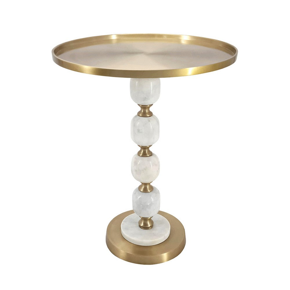 Benjara Siny Side End Table, 16 Inch Round Top, White, Gold Stacked Balls Base