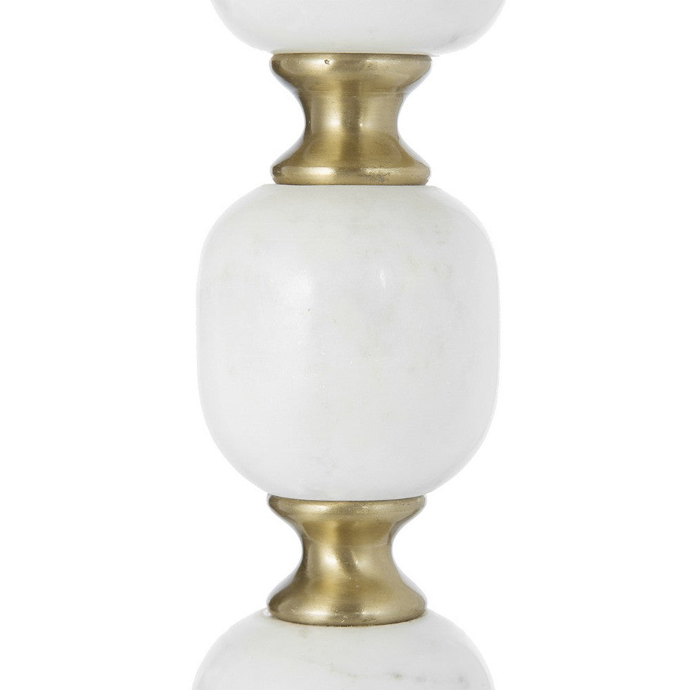 Benjara Siny Side End Table, 16 Inch Round Top, White, Gold Stacked Balls Base