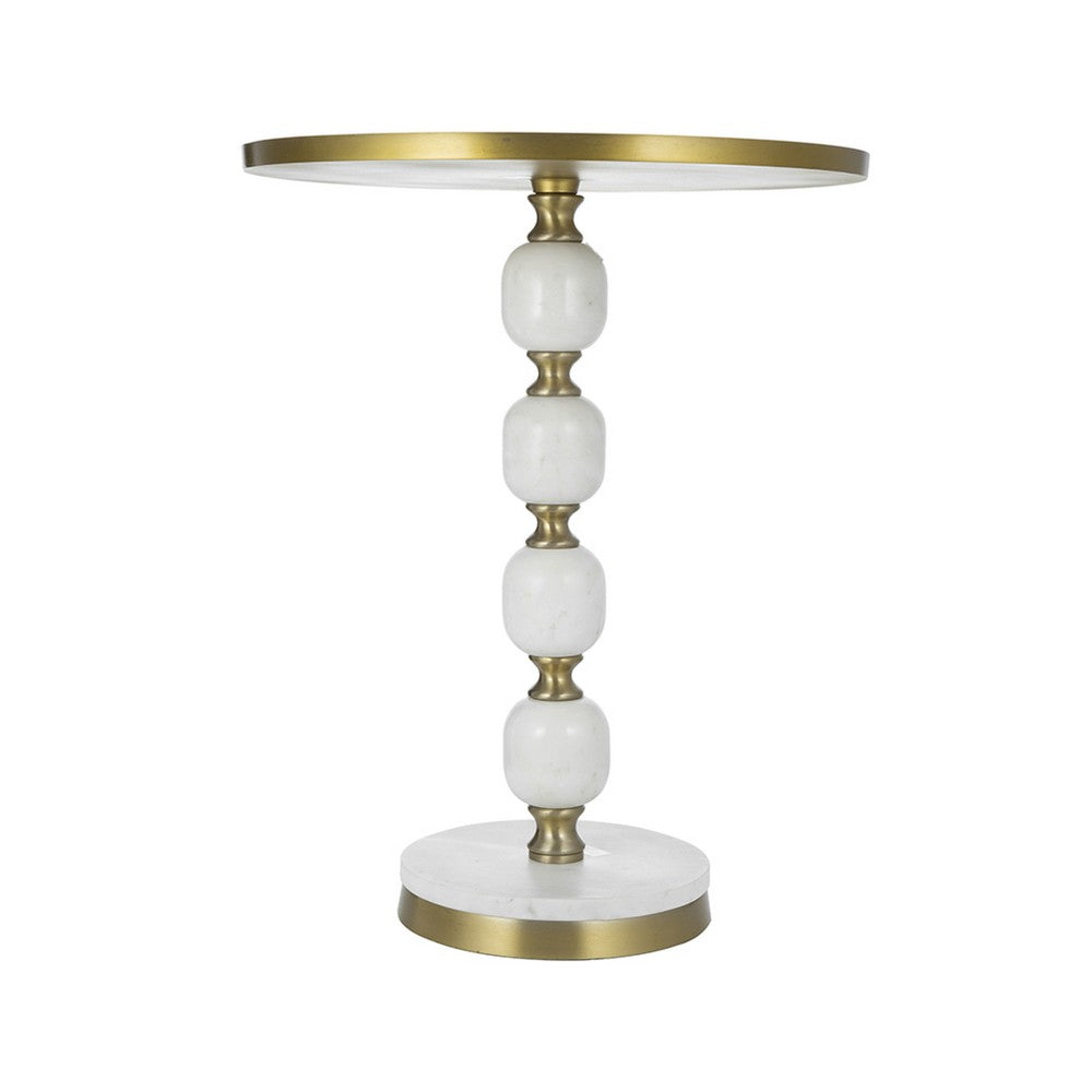 Benjara Siny Accent Side End Table, 16 Inch Round White, Gold Stacked Balls Base