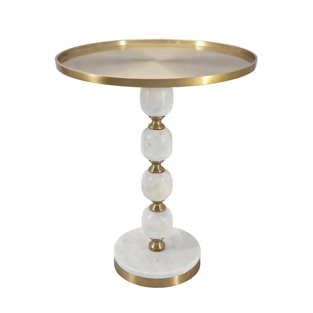 Benjara Siny Accent Side End Table, 16 Inch Round White, Gold Stacked Balls Base