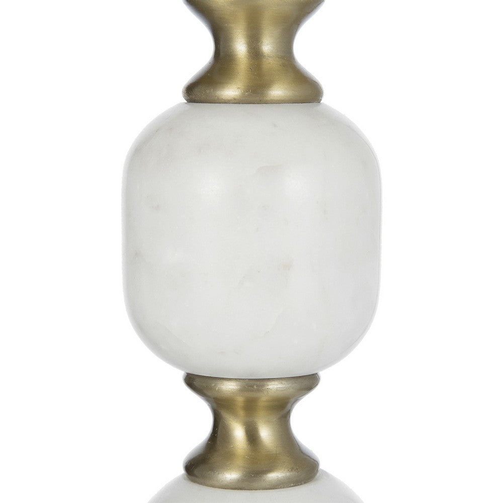 Benjara Siny Accent Side End Table, 16 Inch Round White, Gold Stacked Balls Base