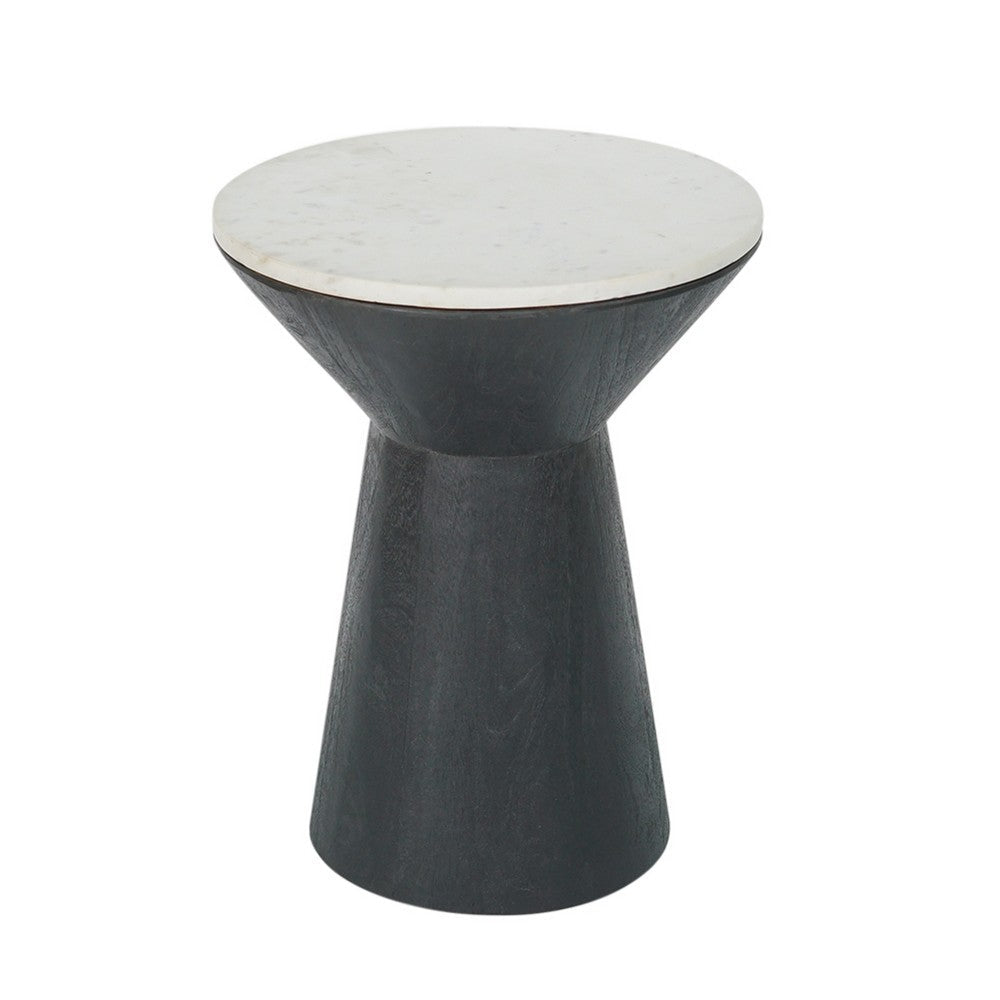 Benjara Peny Side End Table, 16 Inch White Marble Top, Black Angled Pedestal Base