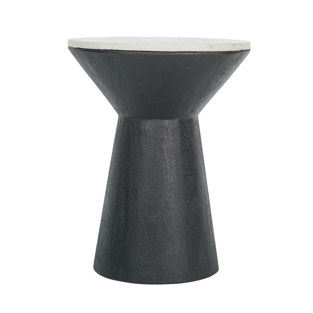 Benjara Peny Side End Table, 16 Inch White Marble Top, Black Angled Pedestal Base