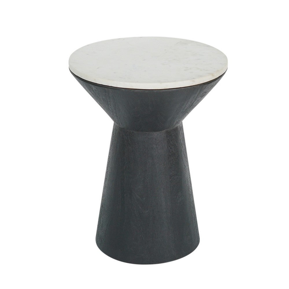 Benjara Peny Side End Table, 16 Inch White Marble Top, Black Angled Pedestal Base