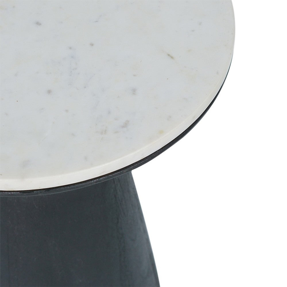 Benjara Peny Side End Table, 16 Inch White Marble Top, Black Angled Pedestal Base