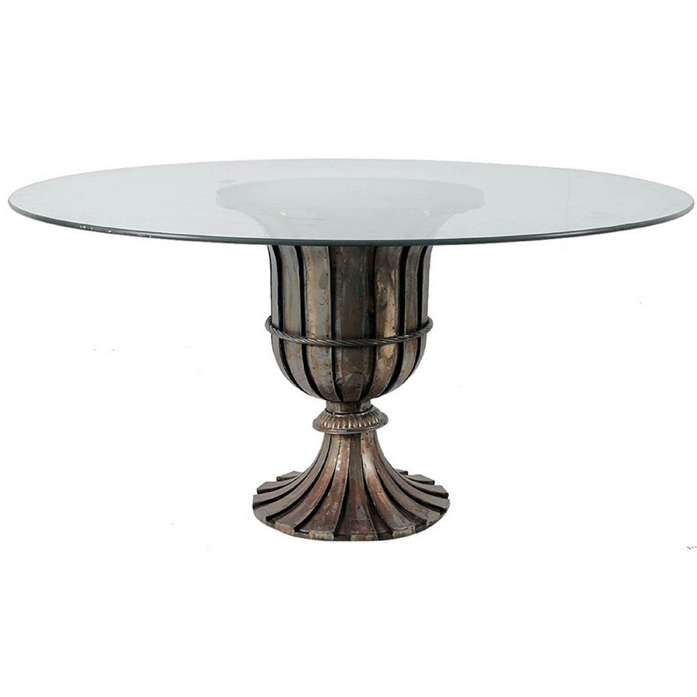 Benjara Dining Table, 60 Inch Round Clear Glass Top, Classical Bronze Metal Base