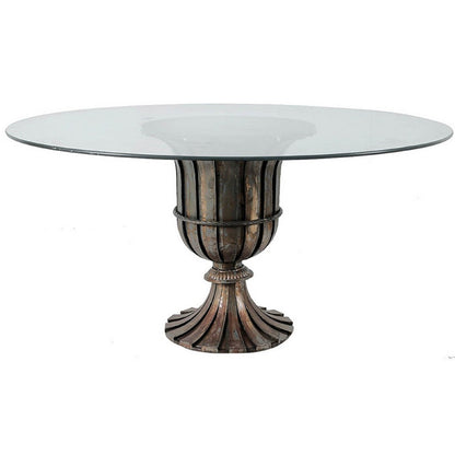 Benjara Dining Table, 60 Inch Round Clear Glass Top, Classical Bronze Metal Base