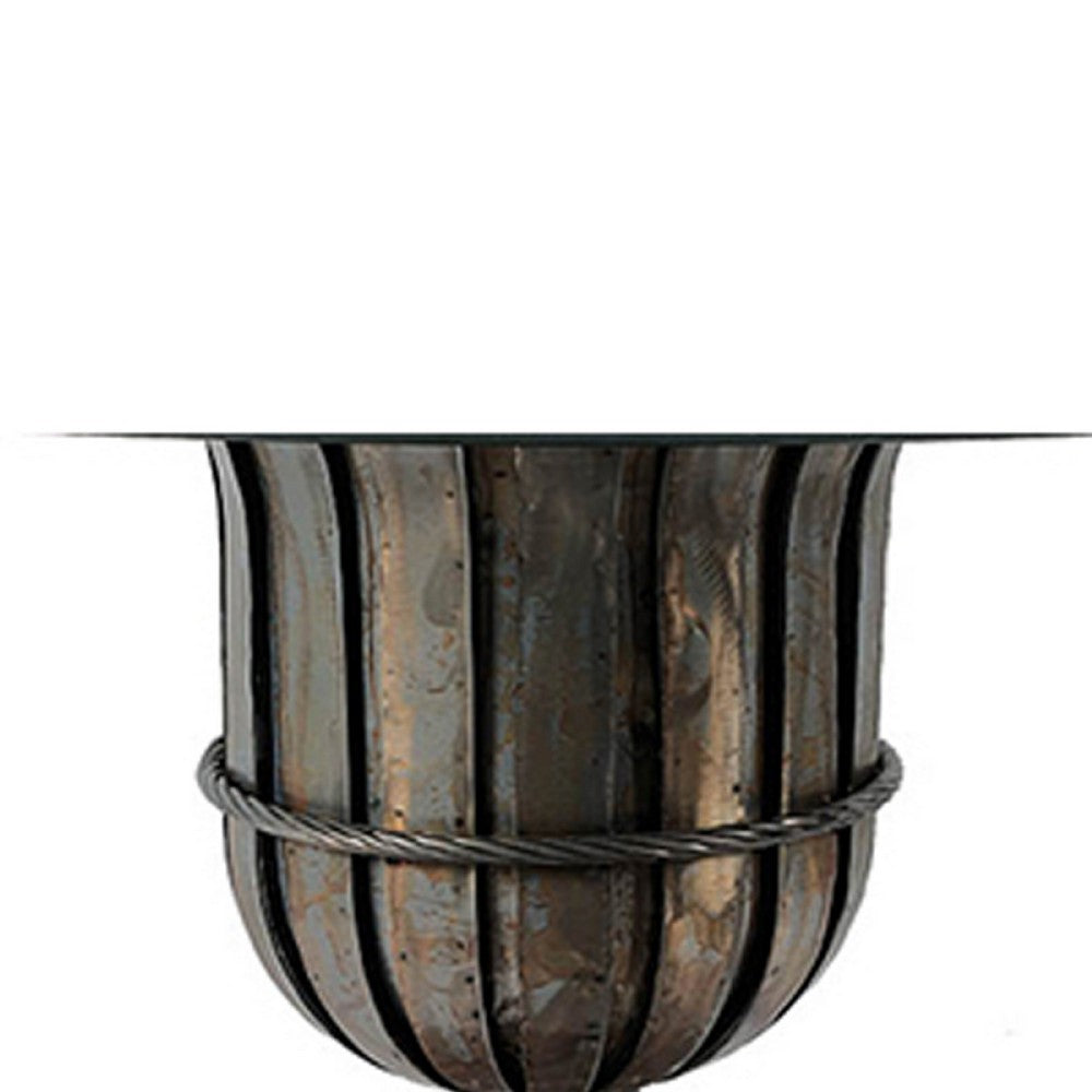 Benjara Dining Table, 60 Inch Round Clear Glass Top, Classical Bronze Metal Base