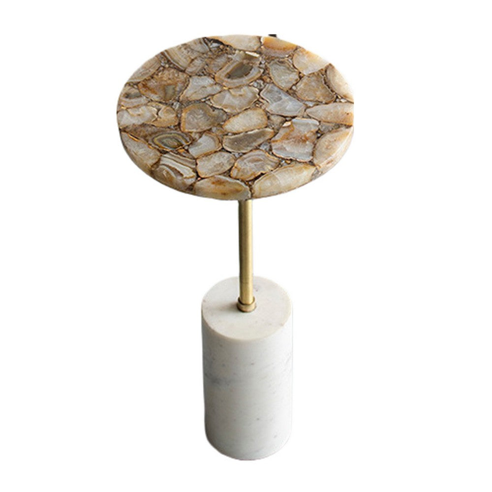 Benjara Lima Side End Table, 12 Inch Round Brown Agate, Marble Cylinder Base