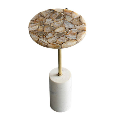 Benjara Lima Side End Table, 12 Inch Round Brown Agate, Marble Cylinder Base