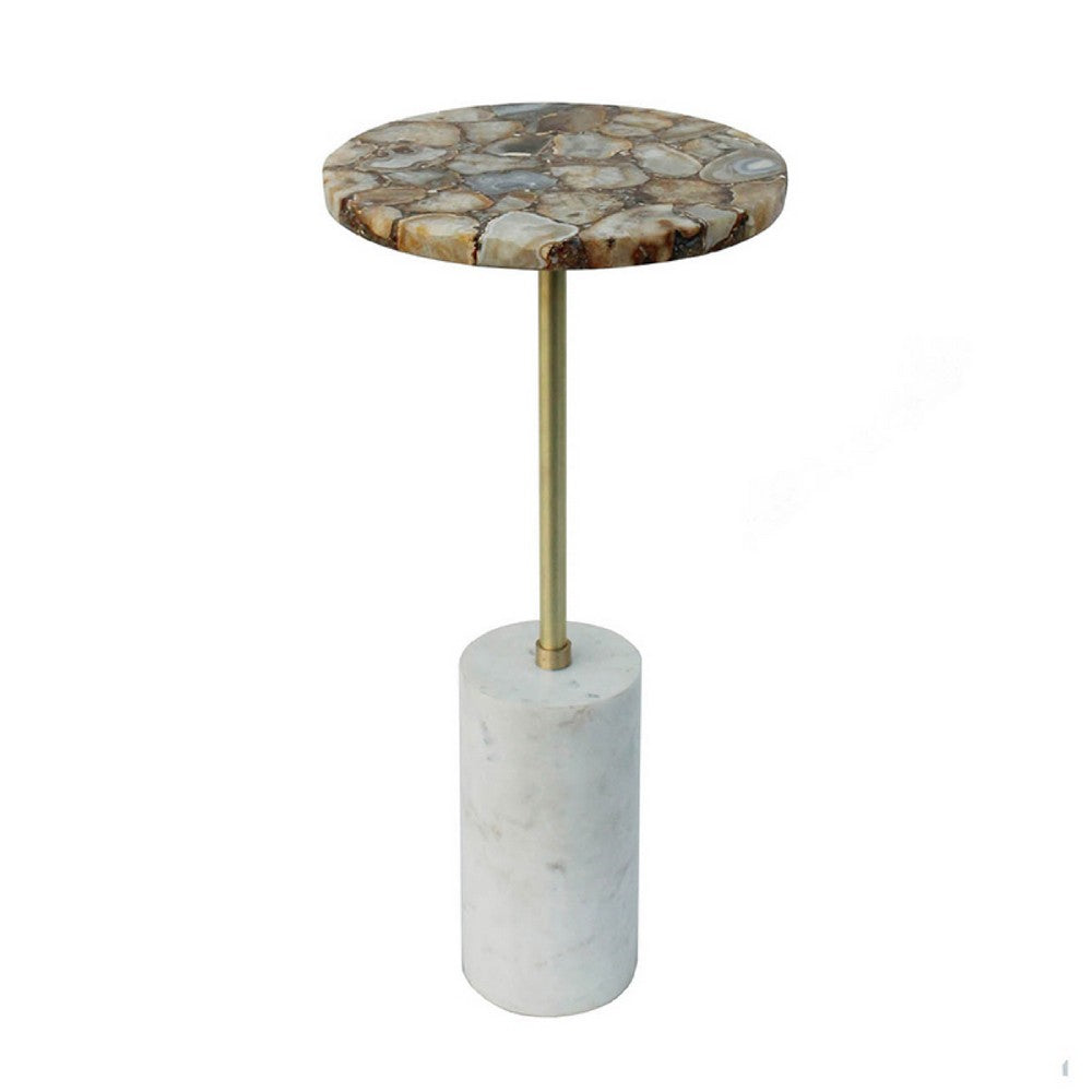 Benjara Lima Side End Table, 12 Inch Round Brown Agate, Marble Cylinder Base